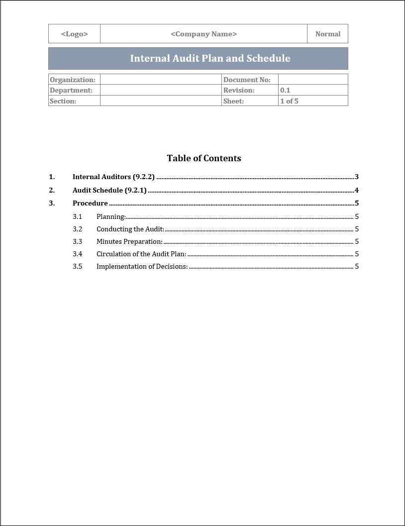 Internal Audit Plan and Schedule