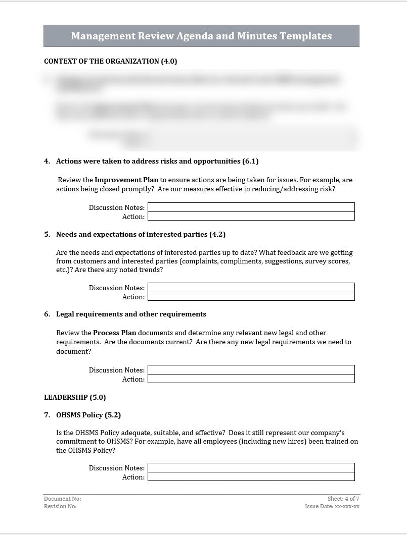 Management Review Agenda and Minutes Template