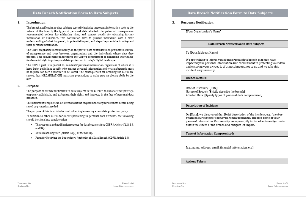 GDPR Data Breach Notification Form to Data Subjects Template