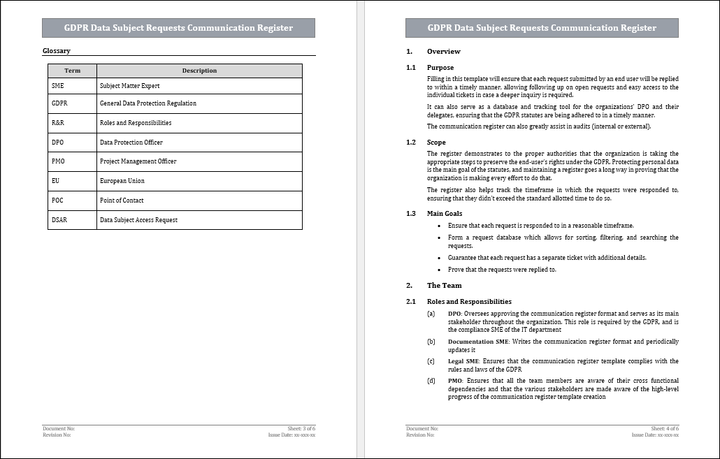 GDPR Data Subject Requests Communication Register Template