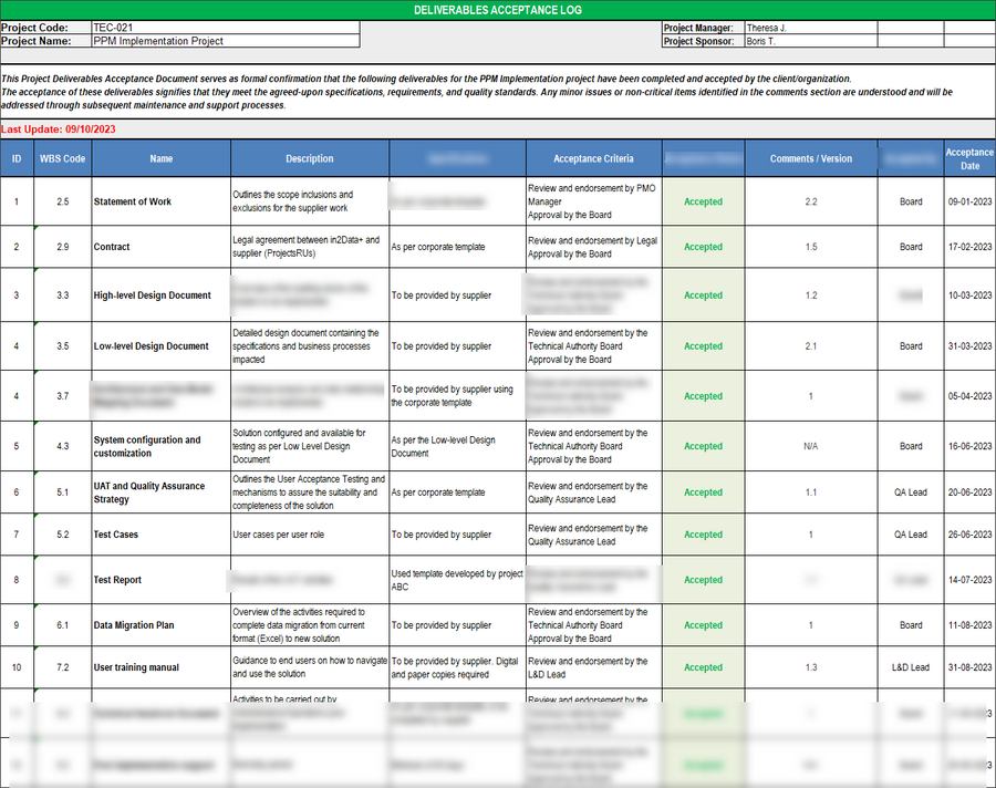 Deliverables Acceptance Log Template – Techno Pm - Project Management 