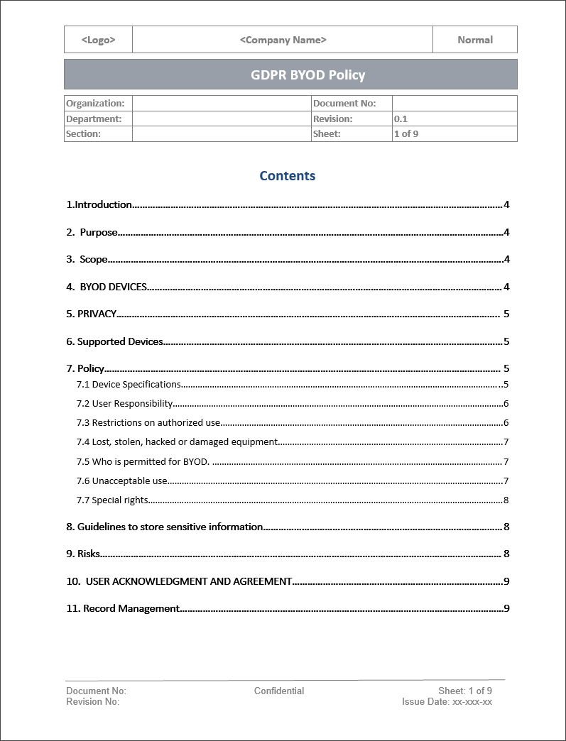 GDPR Byod Policy Template