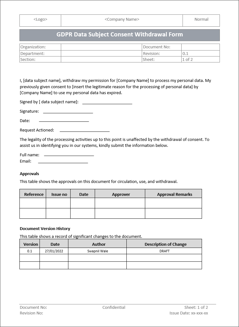 GDPR Data Subject Consent Withdrawal Form Template