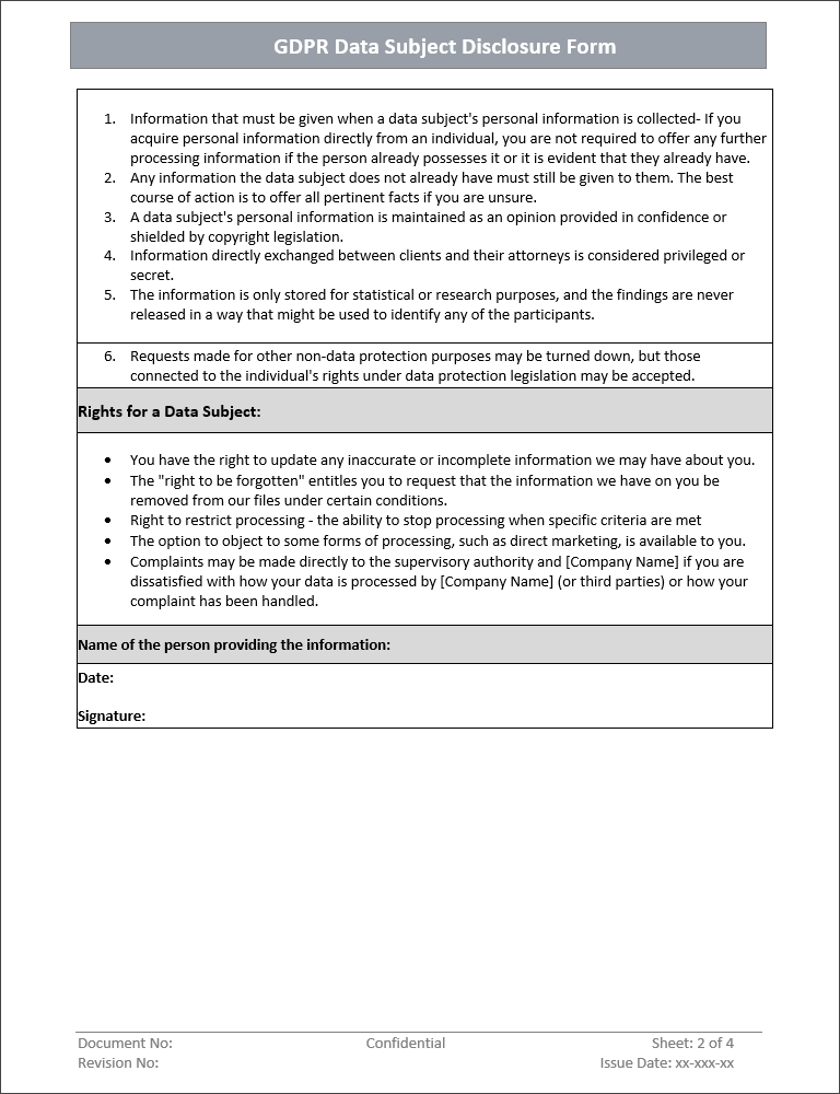 GDPR Data Subject Disclosure Form Template