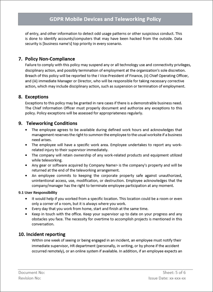 GDPR Mobile Devices and Teleworking Policy Template